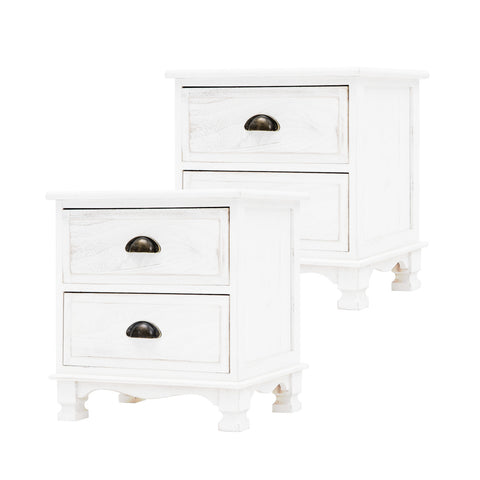 2X Bedside Table 2 Drawer Vintage Side Table Storage WHITE