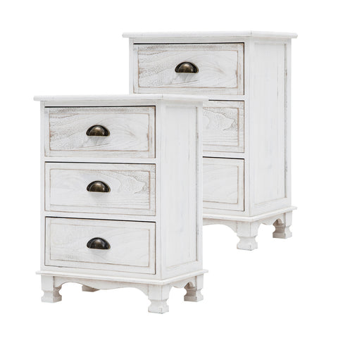 2X Bedside Table 3 Drawer Vintage Side Table Storage Cabinet Bedroom CLARA WHITE